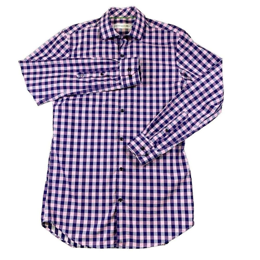 John Lennon Men's Small Long Sleeve Gingham Plaid Button Down Shirt Navy Pink